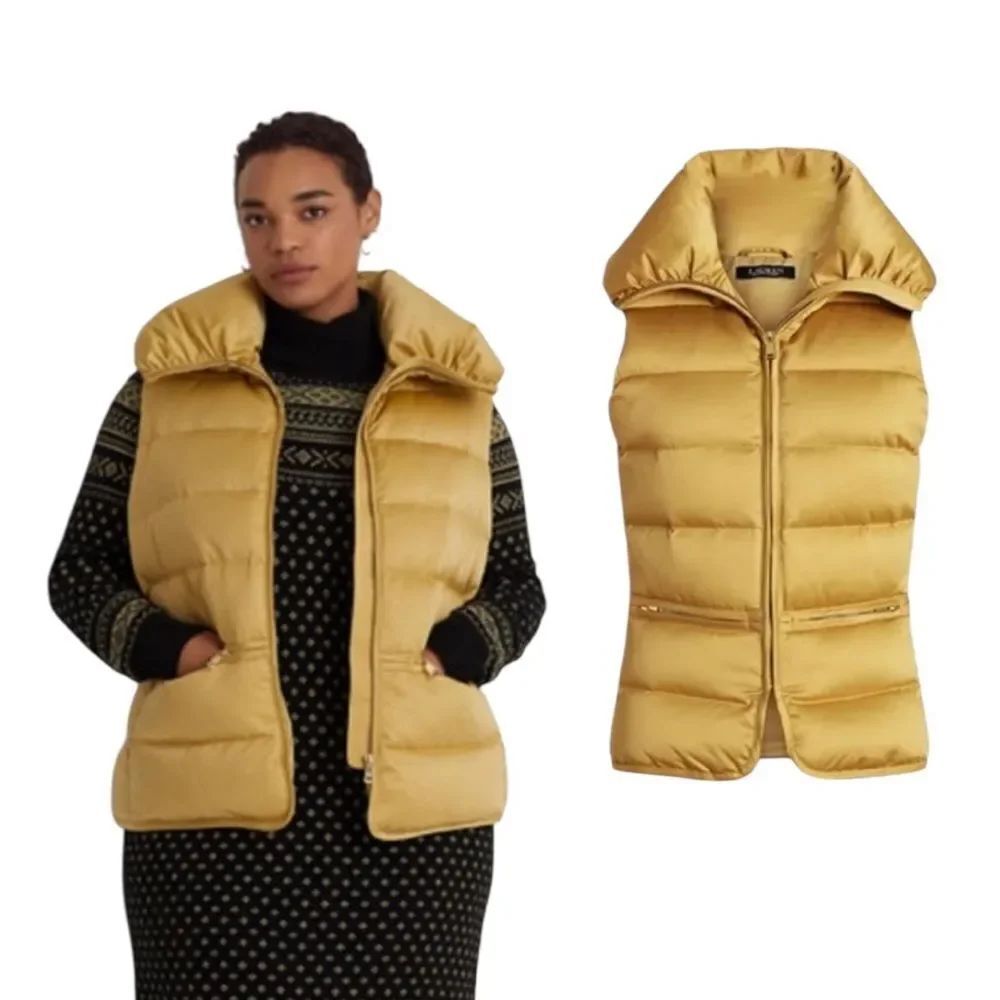 Lauren Ralph Lauren Satin Quilted Down Vest in gold Large NWT